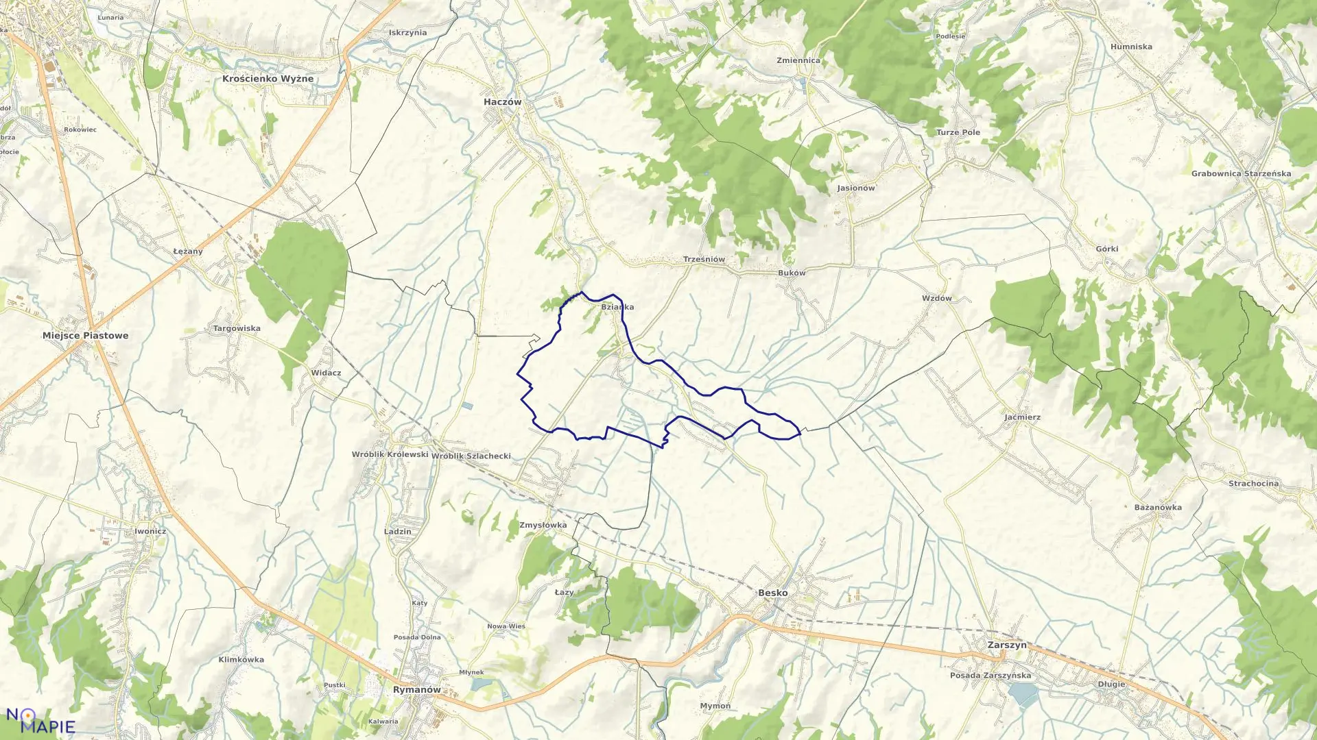 Mapa obrębu Bzianka w gminie Rymanów